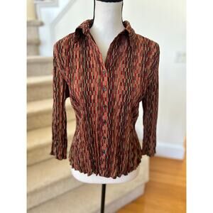 Vintage Y2K Red Brown Abstract Print Crinkle Long Sleeve Button Down Shirt